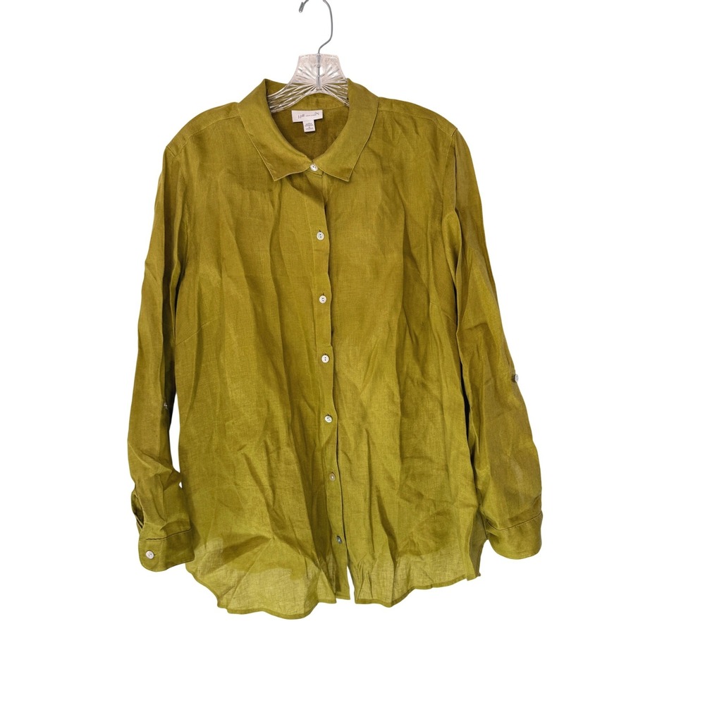J. Jill Love Linen Button Down Shirt Women's Green Plus Lagenlook Coastal 1X
